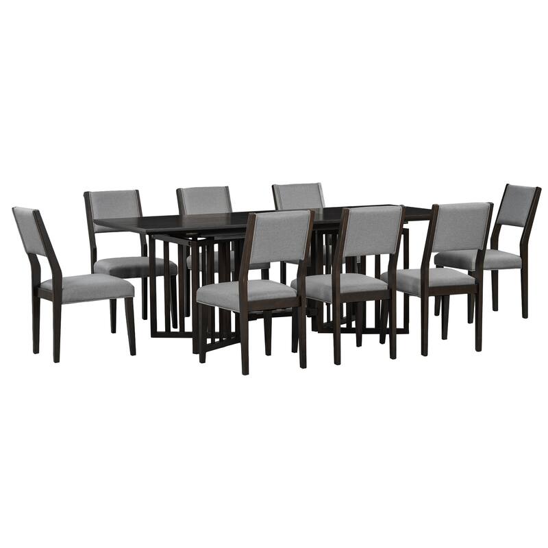 Solid Wood Farmhouse Dining Set: 83.9" Extendable Table with 2 Removable Leaves & 8 Comfortable Upholstered Chairs