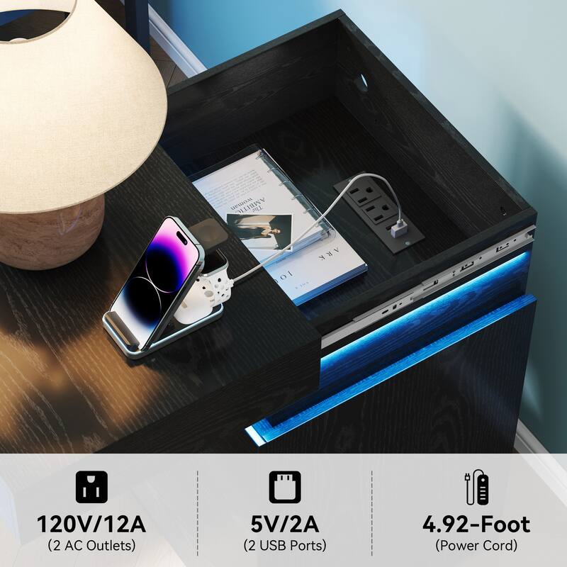 Nightstand with Built-In Charging Station and LED Lighting, 3-Drawer Sliding-Top Modern Bedside Table