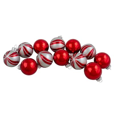 12ct Red Silver 2-Finish Swirl Glass Christmas Ball Ornaments 1.75"