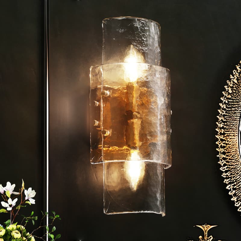 Modern 2-Light Gold Wall Sconces Textured Glass Bathroom Vanity Lights - L14.2" x W6.3"