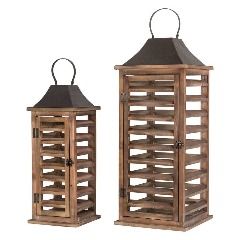 Glitzhome Set of 2 Modern Wooden Shutter Floor Candle Lanterns Fall Wedding Decor