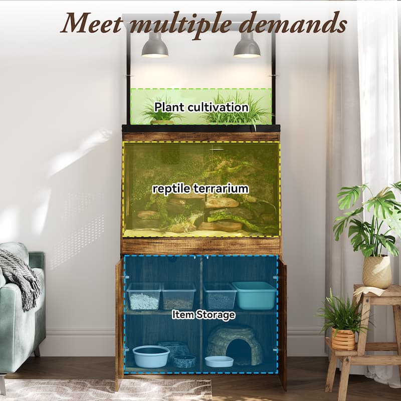 Multi-Functional Reptile Terrarium Cabinet with Sliding Glass Doors, Plant Shelf & Storage Base Vivarium Stand with Lighting Bar