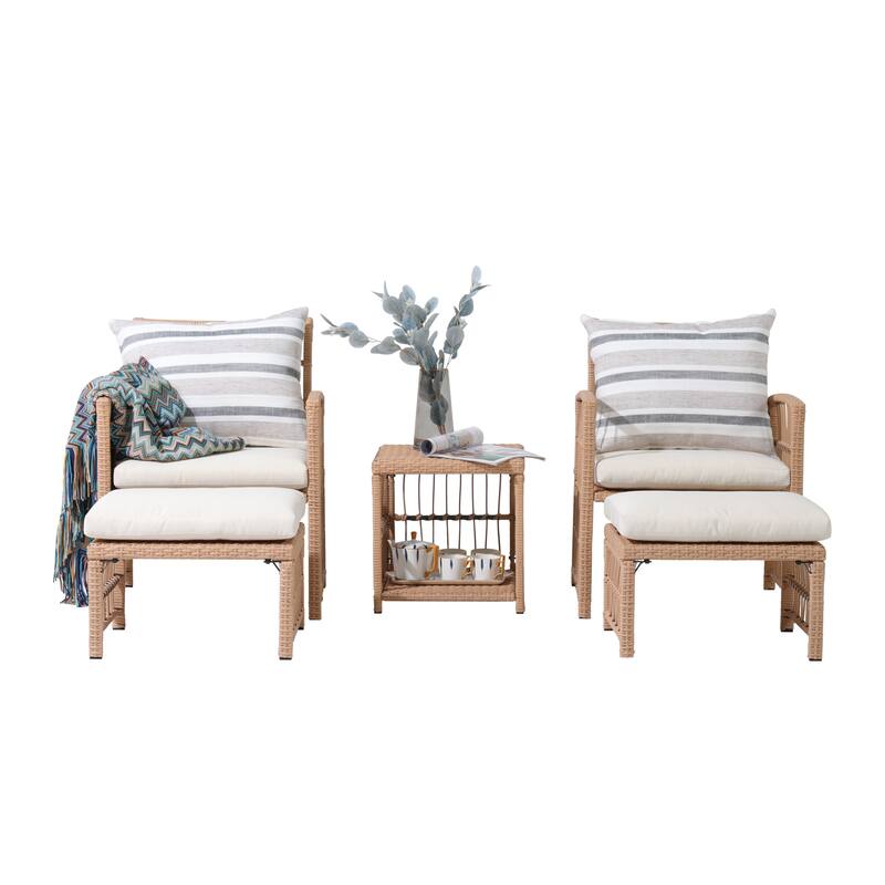 5-Piece Outdoor PE Wicker Conversation Set with Ottomans, Iron Frame, Beige Polyester Cushions
