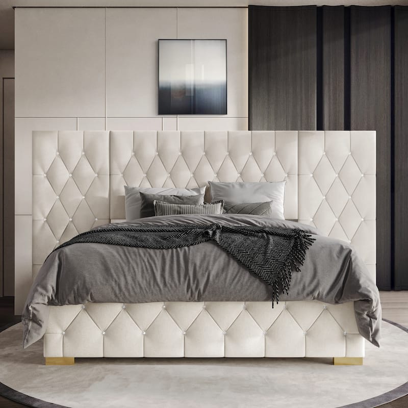 CraftPorch Luxurious Velvet Tufted Platform Bed with Wall Panels