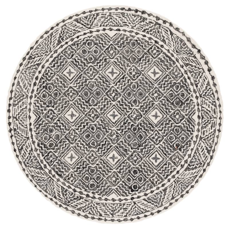 SAFAVIEH Handmade Micro-Loop Jelske Wool Rug - 5' Round - Black/Ivory - Round