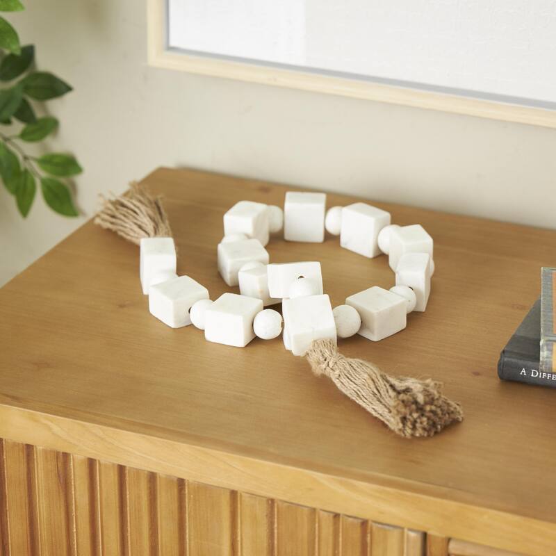Marble Handmade Square Garland with Tassel with Knotted Brown Jute - White - Roche River Decor