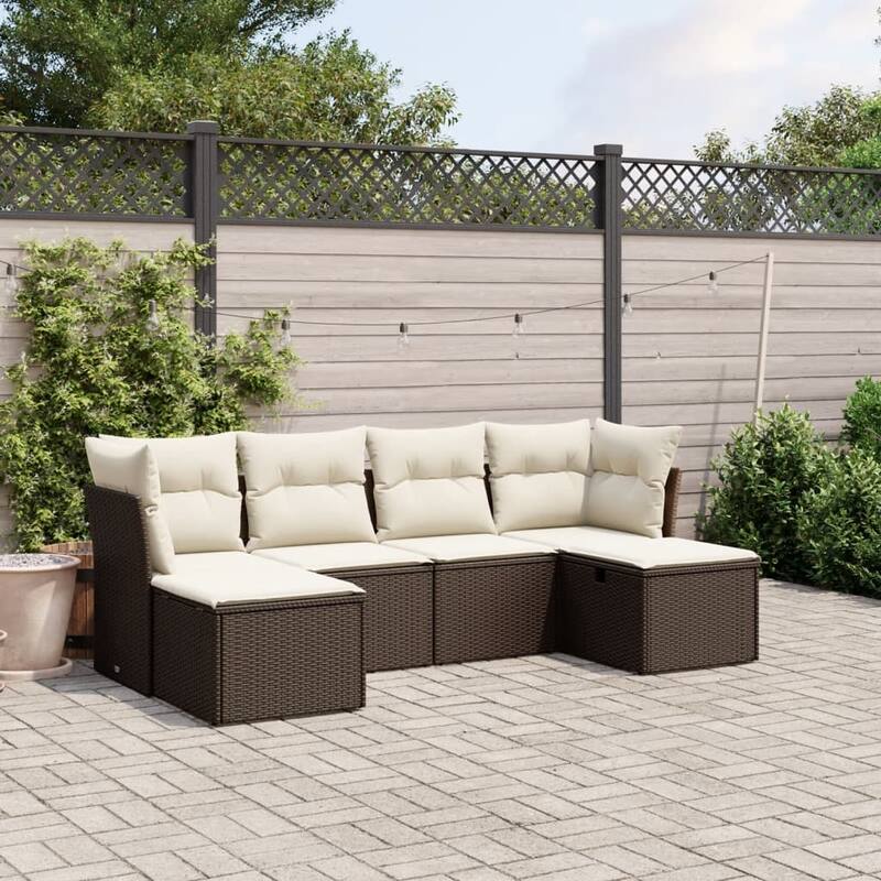 vidaXL Patio Sofa Set with Cushions Outdoor Furniture 6 Piece Poly Rattan - Brown and cream Large