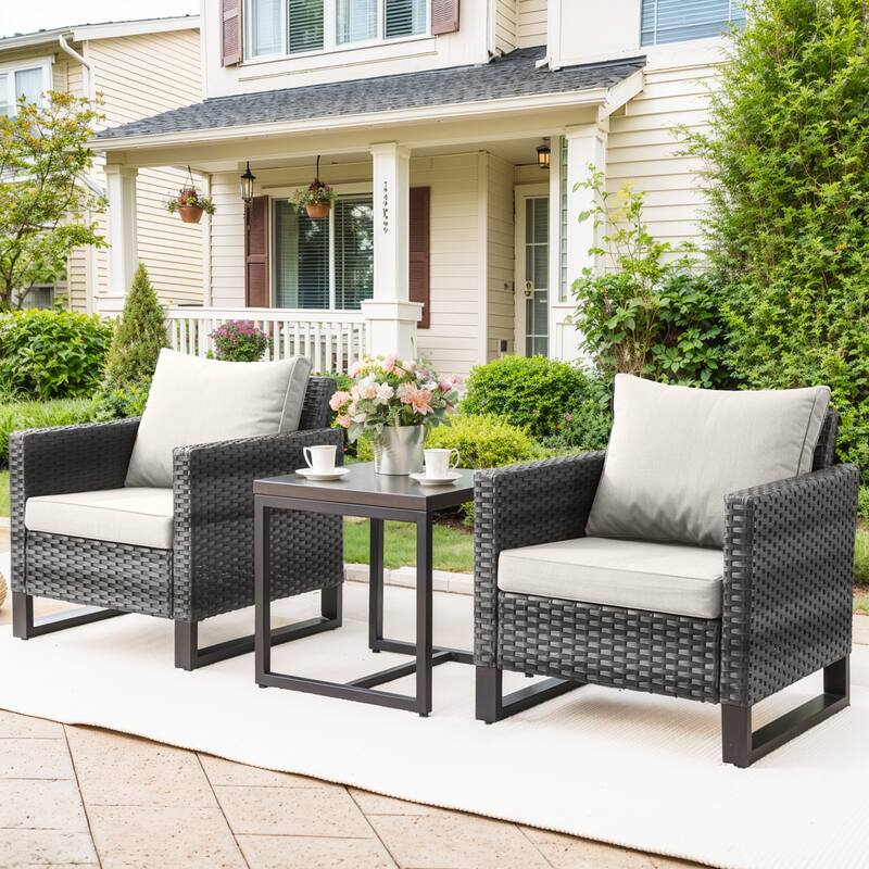3PCS Patio PE Wicker Chair with Cushion and Table - Grey - Beige