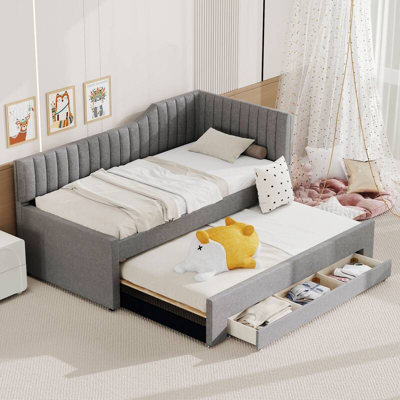 Living Room Upholstered Daybed, Solid Wood Platform Sofa Bedframe with Pull Out Trundle and 3 Drawers, Wood Slats Support