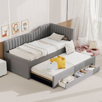 Twin Size Daybed Bed Frame with Linen Upholstered Backrest and Three Drawers, Pull-out Trundle Bed w/Slatted Support