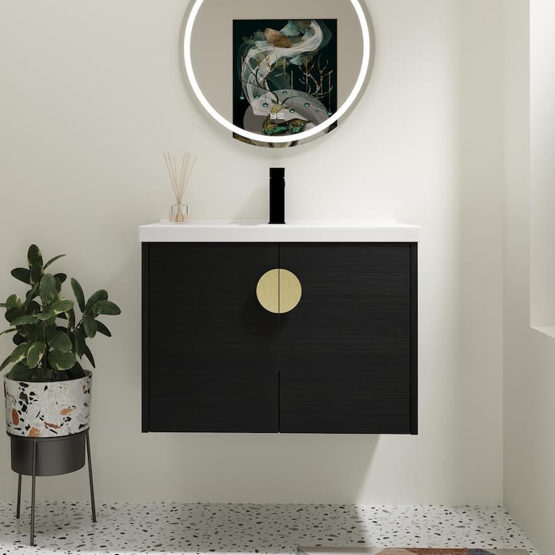 Malwee 24"/28" Floating Bathroom Vanity, Wall Mounted Bathroom Vanity with Ceramic Sink and Soft Close Door - 27.8"×18.5"×20.7" - Black