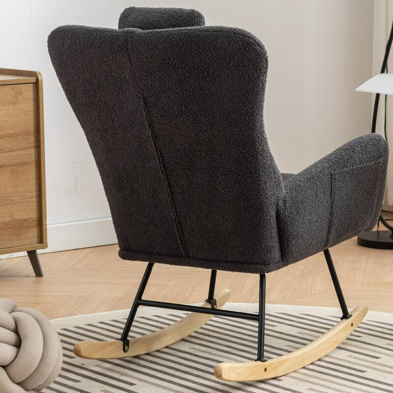 Teddy Fabric Wingback Rocking Chair for Nursery with Safe Solid Wood Base
