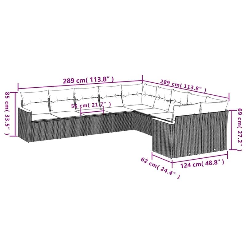 vidaXL Patio Sofa Set with Cushions Outdoor Conversation Furniture Poly Rattan - 24.4" x 24.4" x 27.2"