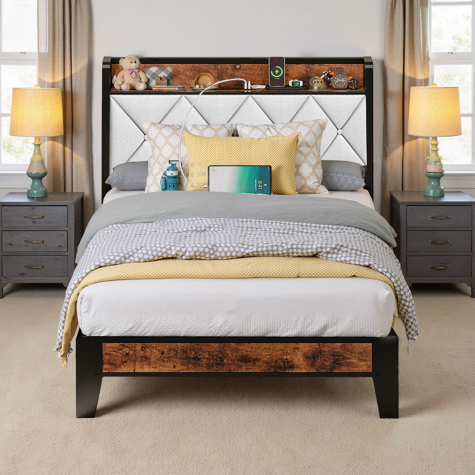 Modern Geometric Fabric Storage Charging Station Headboard Metal Platform Bed Frame, No Box Spring Needed