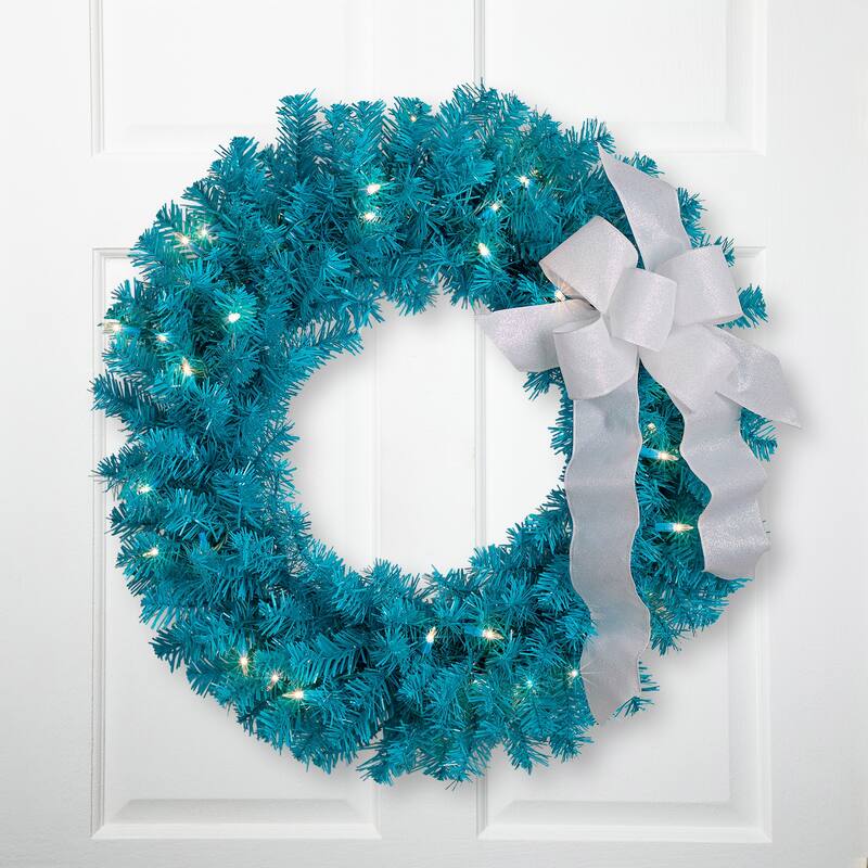 Pre-Lit Artificial Pine Christmas Wreath - 24" - Turquoise - Clear Lights
