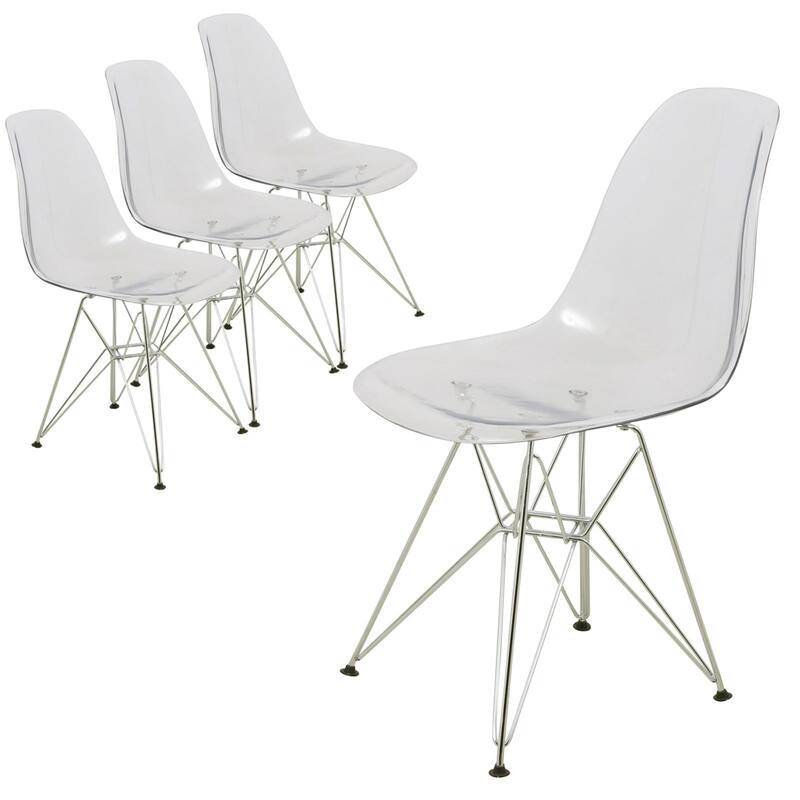 Cresco Ergonomic Modern Shell Seat Dining Chair with Chrome Eiffel Base and Curved Back Accent Side Chair (Set of 4) - Clear