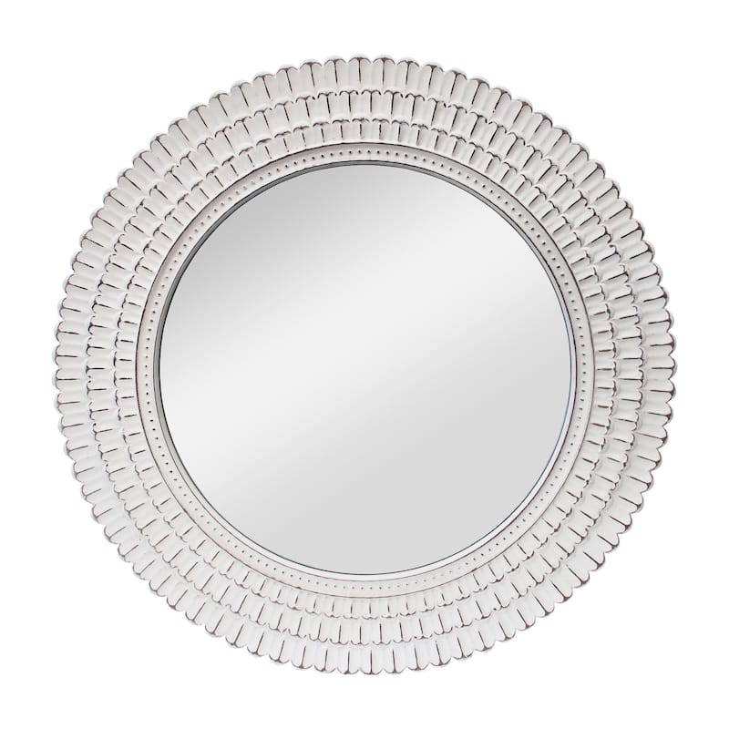 Distressed White Wood Carving Round Mirror, 31.5"