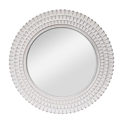 Distressed White Wood Carving Round Mirror, 31.5"
