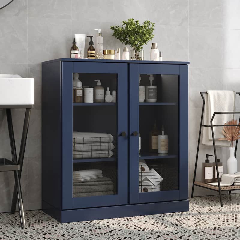 Palace Imports 100% Solid Wood 32" Bathroom Cabinet with Clear Glass Doors and Adjustable Shelves - Navy