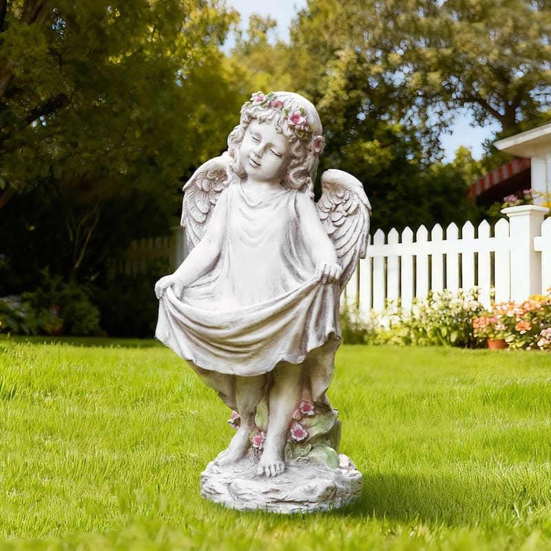 Glitzhome Vintage MgO Angel Distressed Garden Statue Sculpture with a Birdfeeder