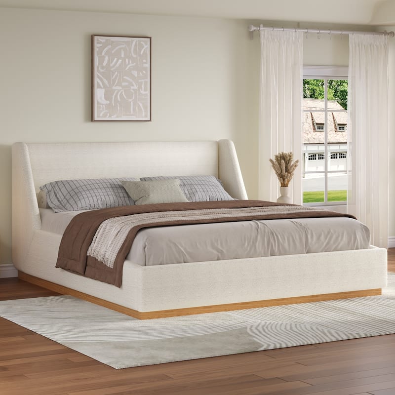 Christopher Knight Home - Modern Upholstered Boucle Platform Bed with Wingback Headboard - White - King