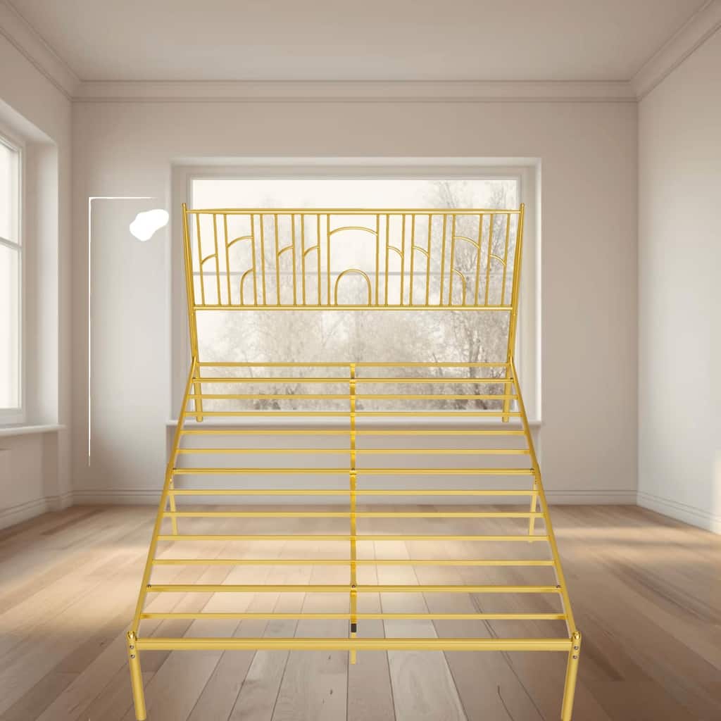 Queen Size Metal Platform Bed Frame with Iron-Art Headboard and 12 Under-Bed Storage, Sturdy and Stylish, Box Spring Required