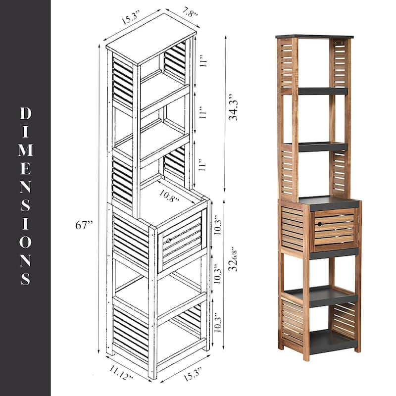 Tall Bathroom Storage Cabinet with Multiple Shelves and Vented Door - 15.3"L x 11.12"W x 67"H