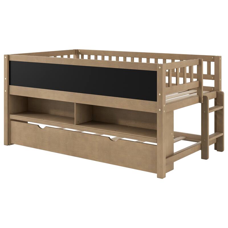 Twin Size Low Loft Bed with Trundle, Solid Wood Bed Frame with Storage Shelves & Blackboard, Space-Saving Design for Small Rooms