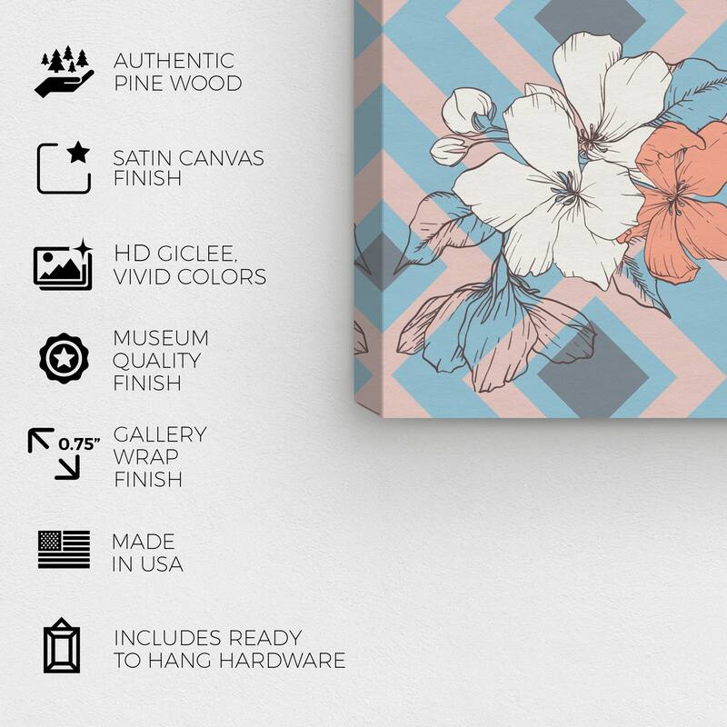 Wynwood Studio Canvas Floral and Botanical Chevron Flowers Blue and Light Blue Wall Art Canvas Print