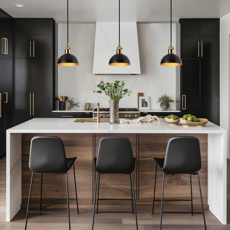 Modern Industrial 1-Light (6 Inch) Dome Black Gold Metal Pendant Light for Kitchen Island - 6" D x 6'' H