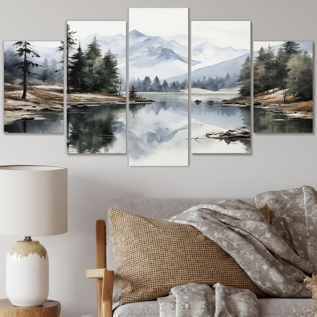 Designart "Green Blue Minimalism Forest Silent Reflection" Landscapes Multipanel Canvas Print set