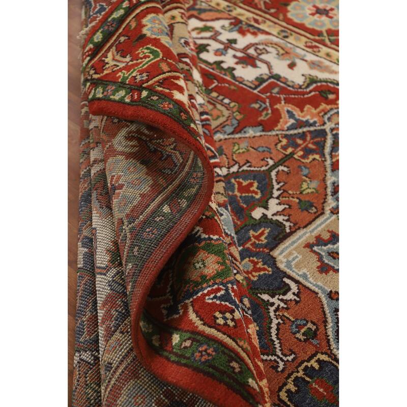 Hand Knotted Oriental 100% Wool Carpet Traditional Medallion Beige & Ivories Heriz (serapi) Area Rug - 11' 9'' X 8' 6''