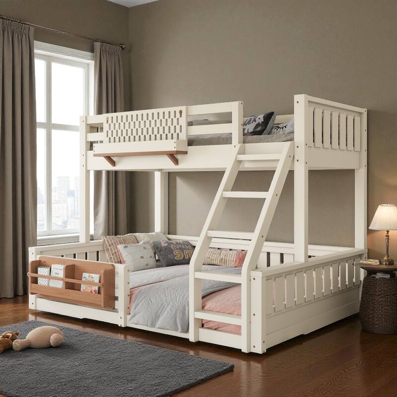 Twin XL over Queen Bunk Bed with Ladder, Guardrails, Pegboard Storage and Built-in Bookshelf, Solid Wood Frame - Beige - Queen