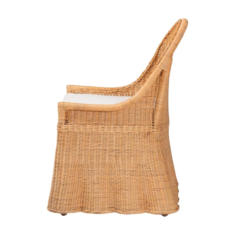 Maya Natural Rattan Accent Chair - Hand Woven Wicker Dining Chair with Scalloped Skirt and Cushion, Coastal Boho Style Seating
