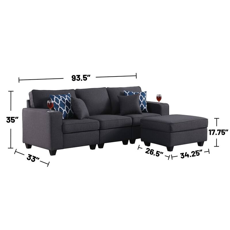 Linen Upholstered Sofa with Ottoman in Dark Gray