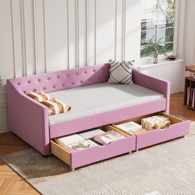 Twin Size Daybed with Drawers Upholstered Tufted Sofa Bed, with Button on Back and Piping on Waved Shape Arms