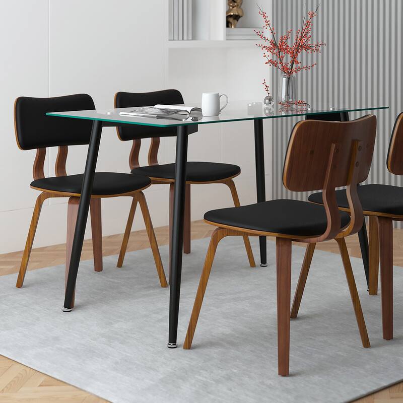 Mid-Century Modern Faux Leather and Wood Dining Chair, Set of 2 - Black and Walnut