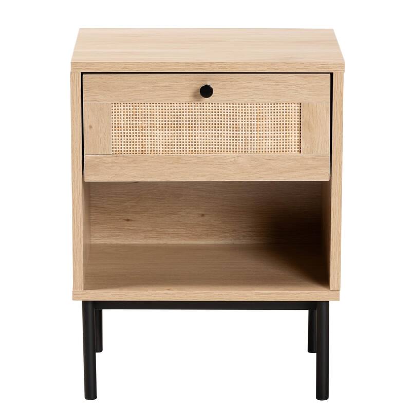 Sherwin Mid-Century Modern Light Brown and Black 1-Drawer End Table with Woven Rattan Accent