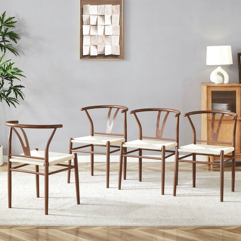 Y-shaped Medieval Style Armchair for Dining Table, Woven Seat (Set of 4)