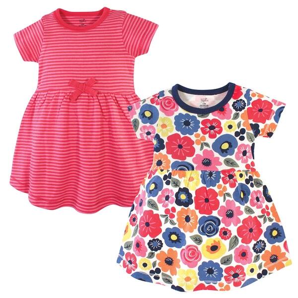 slide 1 of 1, Touched by Nature Baby and Baby Girl Organic Cotton Short-Sleeve Dresses 2pk, Bright Flower 0-3 Months - Baby Toddler Bright Flower Short Sleeve