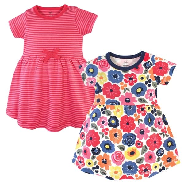 slide 1 of 1, Touched by Nature Baby and Toddler Girl Organic Cotton Short-Sleeve Dresses 2pk, Bright Flower 2T - Baby Toddler Bright Flower Short Sleeve