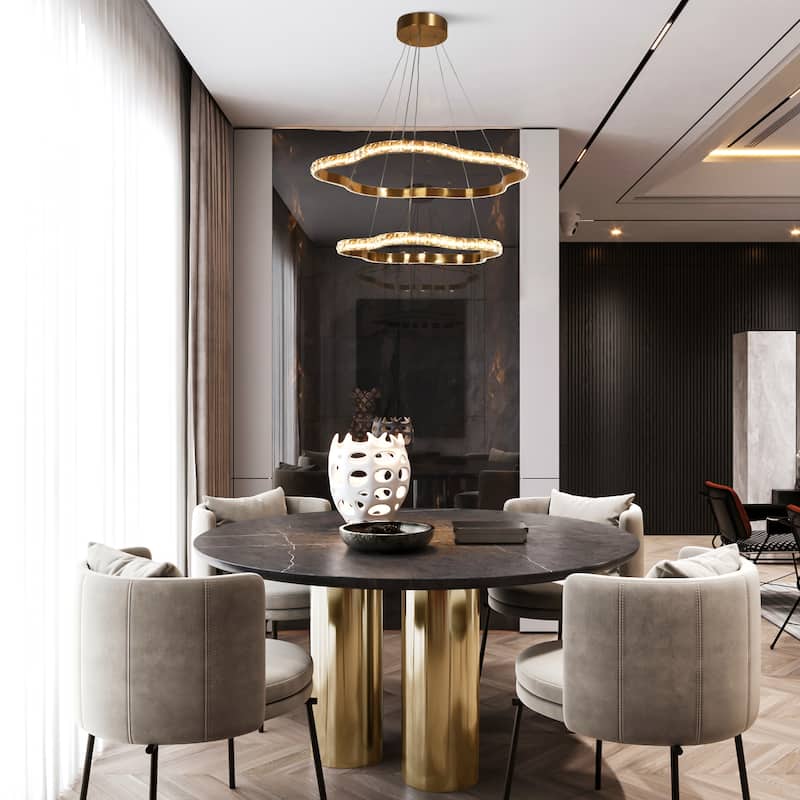 Modern 2-Light LED Crystal Chandelier 2-Tier Ceiling Lights for Dining Room - Dia. 25.6" x H 3"