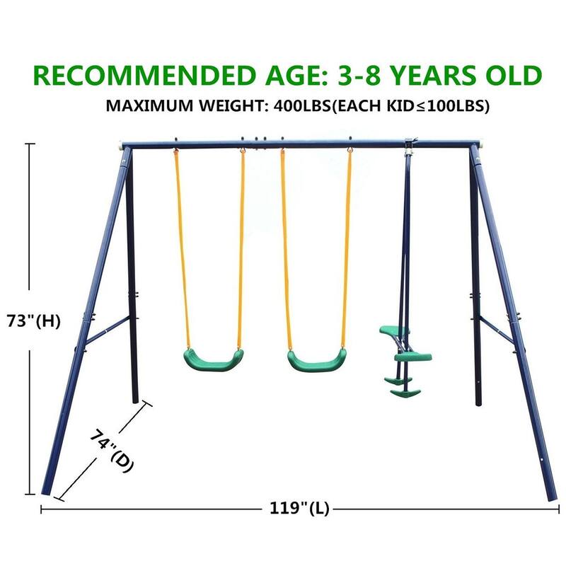 Blue-Green Metal Steel Kids Swing Set with 4 Swings and Weather-Resistant Frame - 119" x 74" x 73"