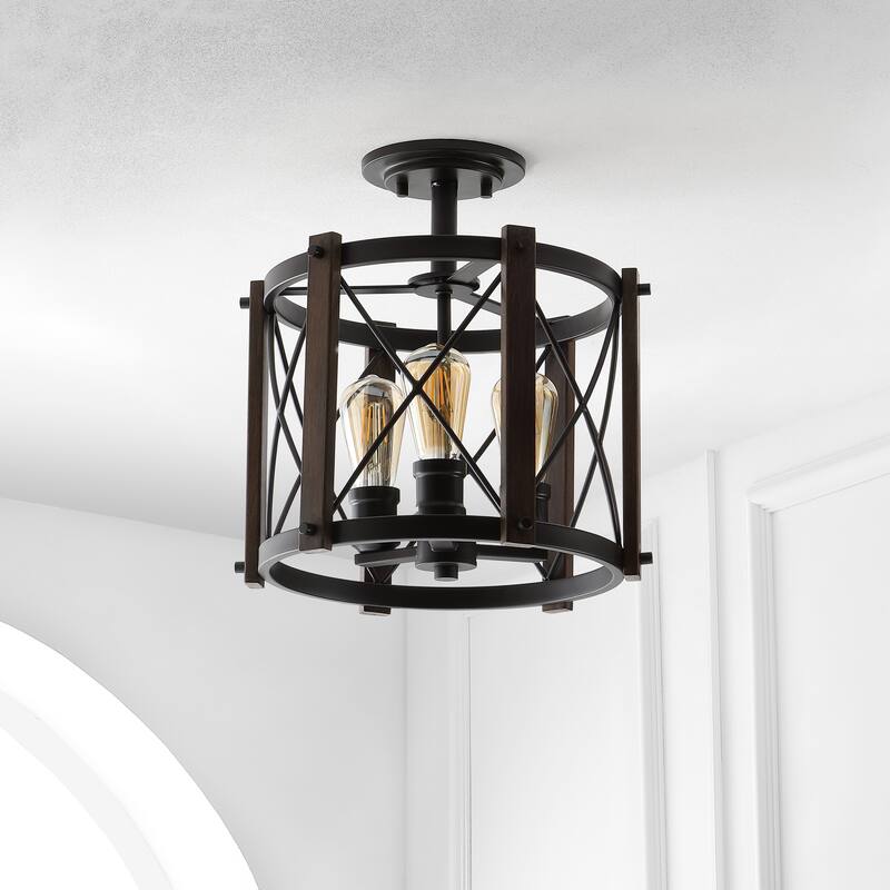 Ciel 14" 3-Light Iron Rustic Farmhouse LED Flush Mount, Brown/Oil Rubbed Bronze by JONATHAN Y