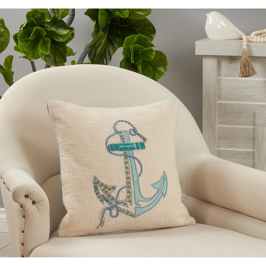 Throw Pillow With Embroidered Anchor Design, 18"x18"