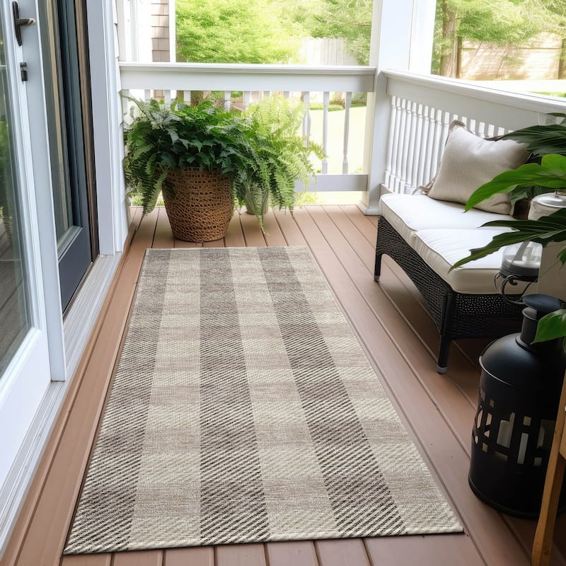 Machine Washable Indoor/ Outdoor Chantille Plaid Stripe Rug - Beige - 2'3" x 7'6"