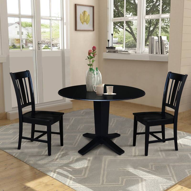 42 in Solid Wood Round Drop Leaf Pedestal Table with Dining Chairs in Black