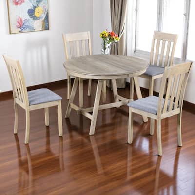 5-Piece Round Extendable Dining Table Set with 4 Chairs for Kitchen or Dining Room, Solid Wood Frame, Adjustable Table for 4