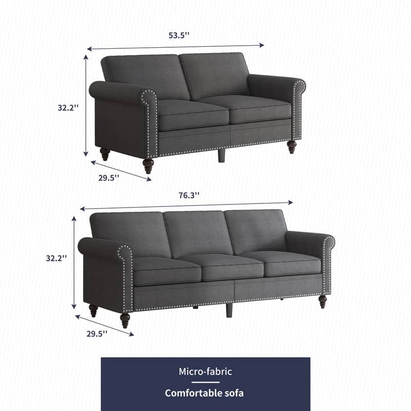 Mixoy 2 Piece Living Room Sofa Set with Rivet Design,Linen 3-Seater Sofa Couch,Loveseat Sofa/Single Sofa Chair