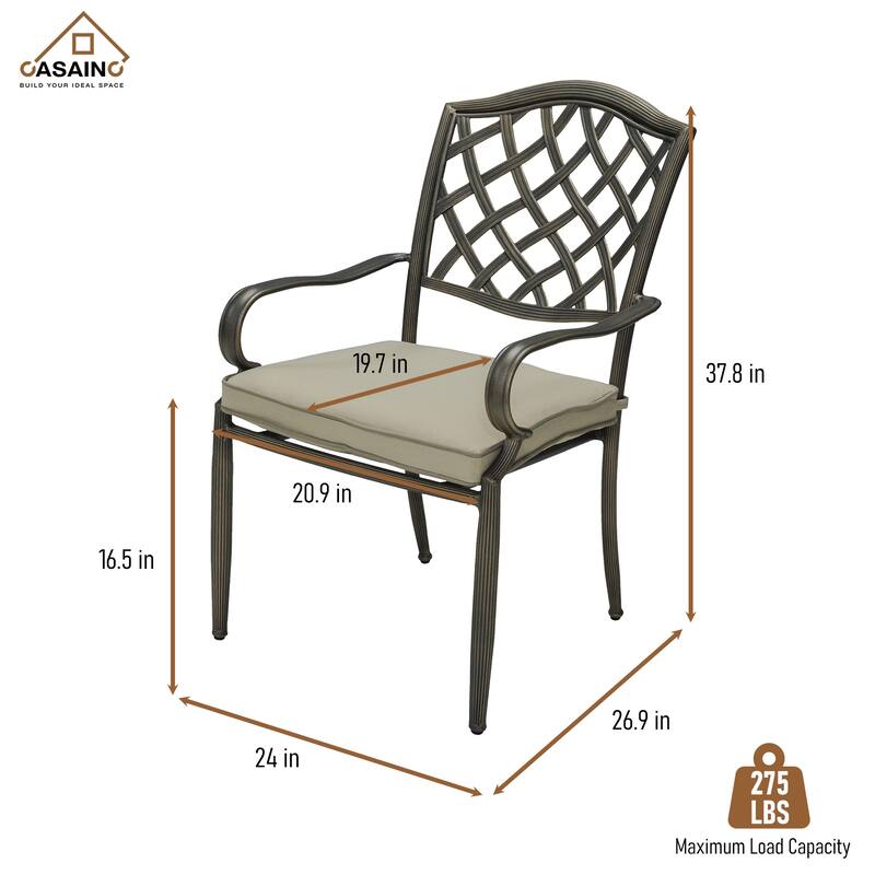 4-Piece Brown Cast Aluminum Outdoor Arm Dining Chair Patio Bistro Chairs with Cushion